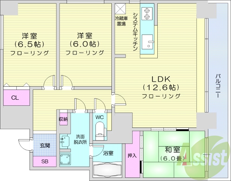 3LDK、都市ガス、独立洗面台、システムキッチン、