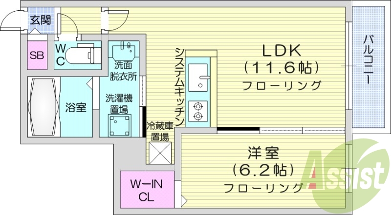 1LDK、システムキッチン、ウォークインクローゼット