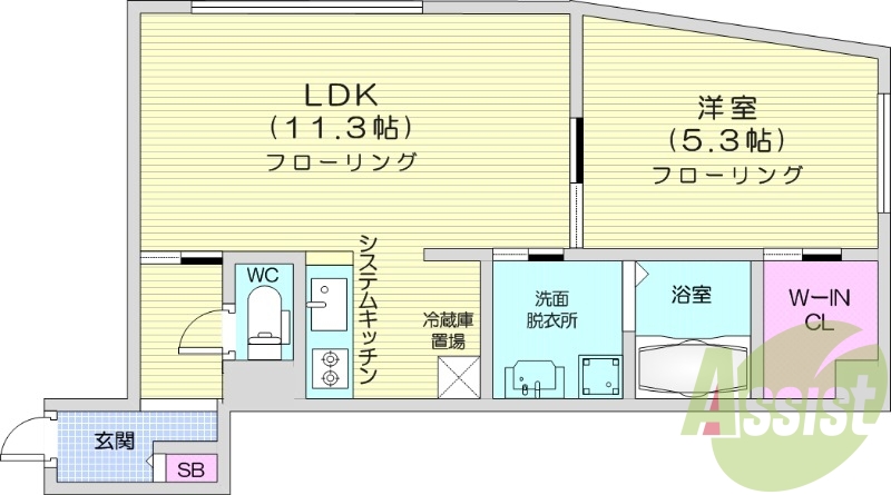 1LDK、エアコン、都市ガス、システムキッチン