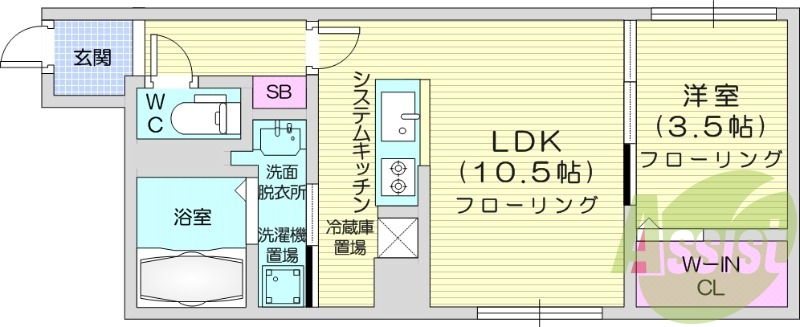 1LDK、エアコン、都市ガス、システムキッチン