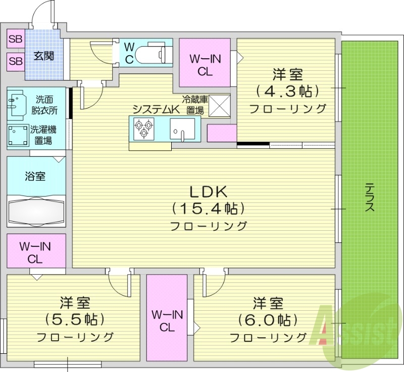 3LDK、都市ガス、エアコン、システムキッチン