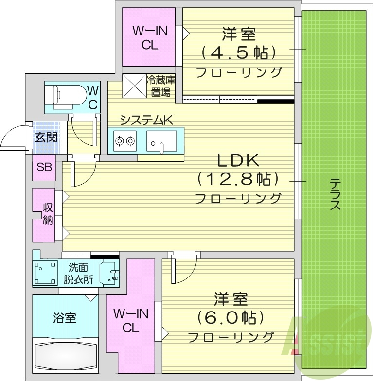 2LDK、都市ガス、エアコン、システムキッチン