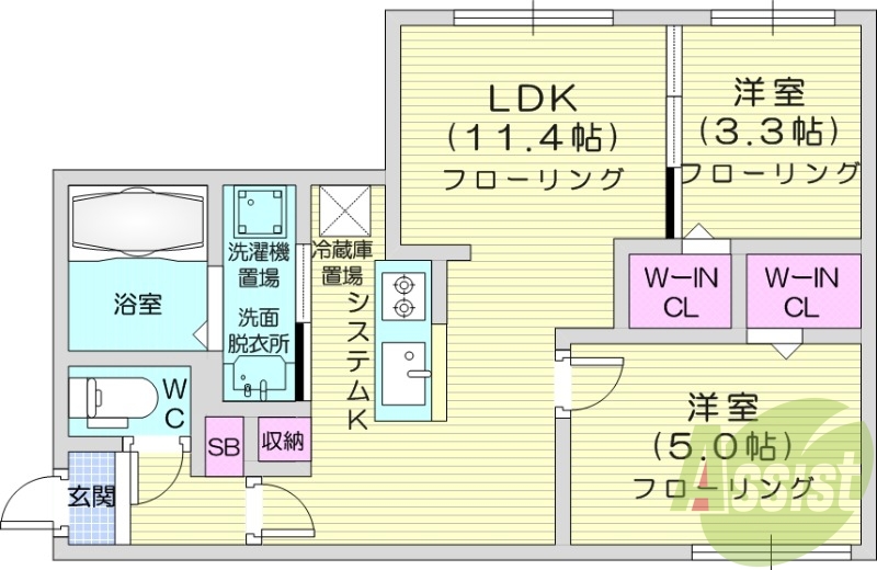 2LDK、都市ガス、エアコン、システムキッチン