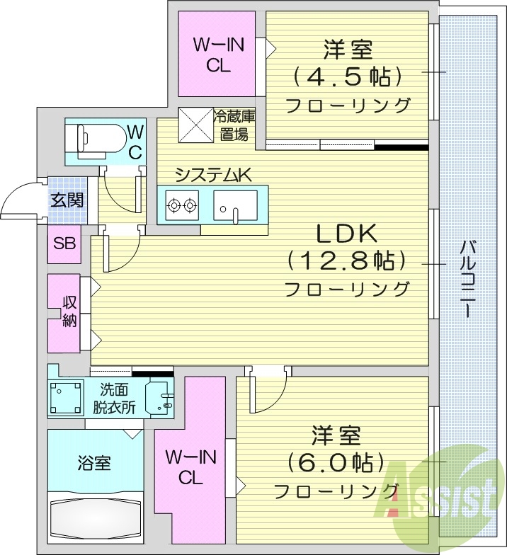2LDK、都市ガス、エアコン、システムキッチン