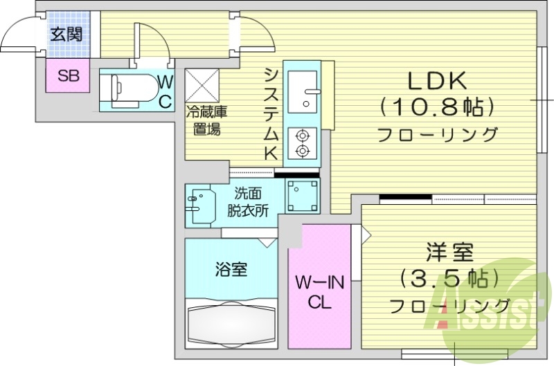 1LDK、都市ガス、エアコン、システムキッチン