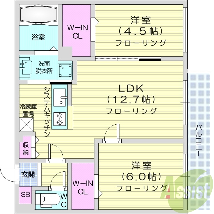 2LDK、都市ガス、エアコン、システムキッチン