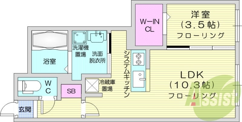 1LDK、都市ガス、エアコン、システムキッチン