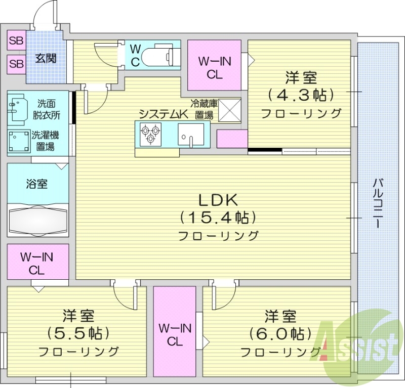 3LDK、都市ガス、エアコン、システムキッチン