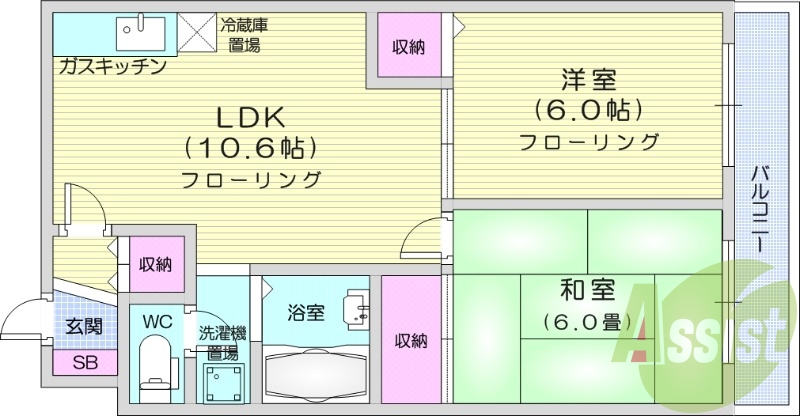 2LDK、洗面台、ガスキッチン、灯油暖房、