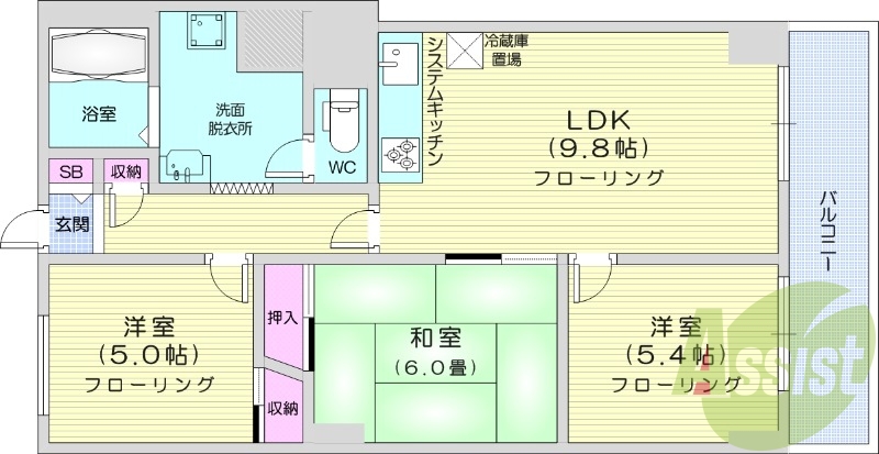 3LDK、都市ガス、バストイレ別、システムキッチン