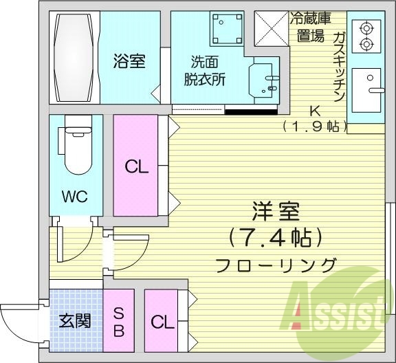 1K、バストイレ別、ネット無料、都市ガス