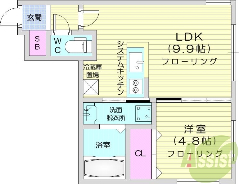 1LDK、エアコン、都市ガス、ネット無料