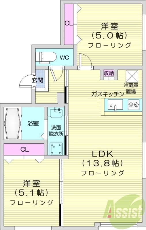 2LDK、エアコン、都市ガス、ネット無料