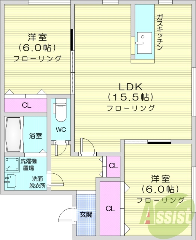 2LDK、モニターホン、洗髪洗面化粧台、収納