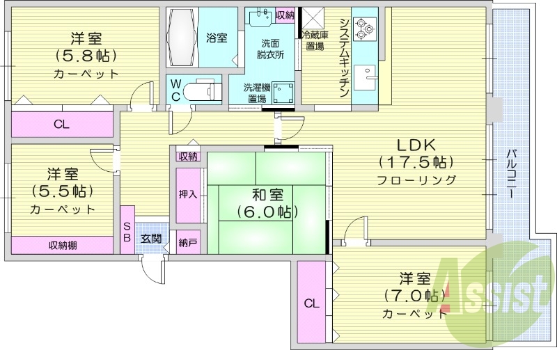 4LDK、都市ガス、分譲タイプ、システムキッチン