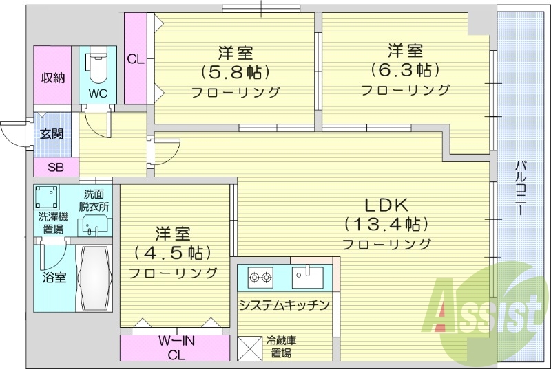 3LDK、エアコン、独立洗面台、システムキッチン