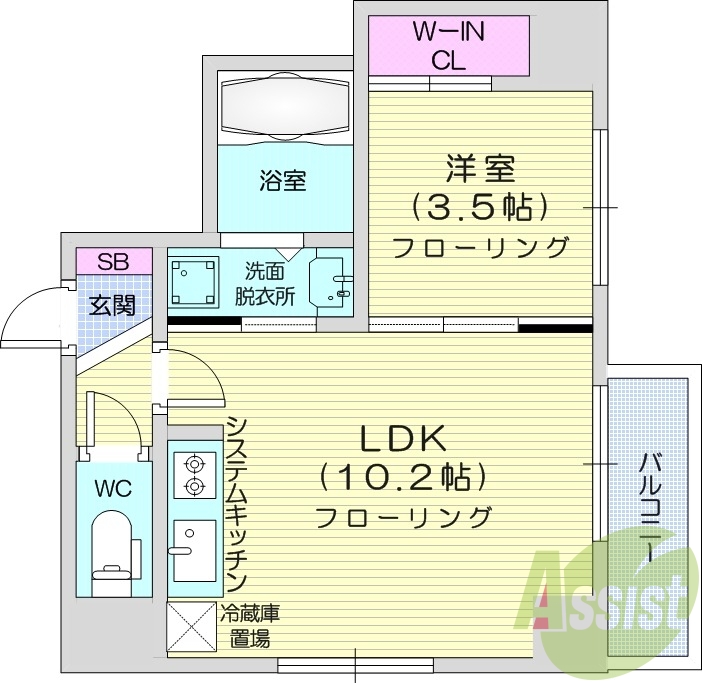 1LDK、都市ガス、角部屋、ウォークインクローゼット