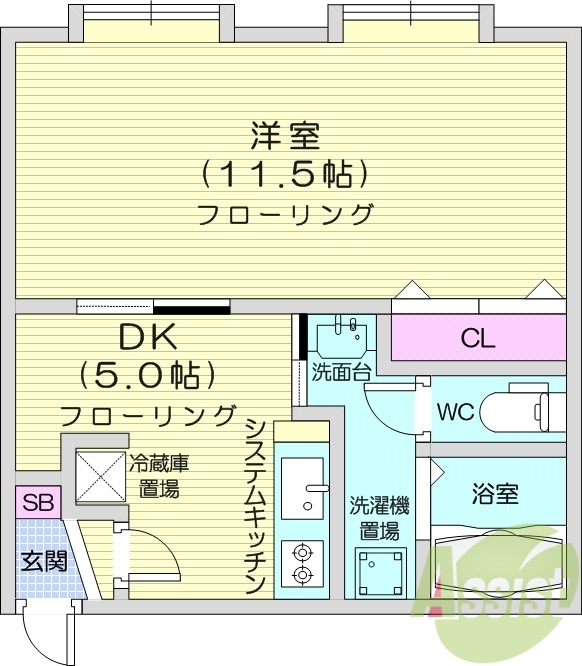1LDK 、システムキッチン、クローゼット、都市ガス