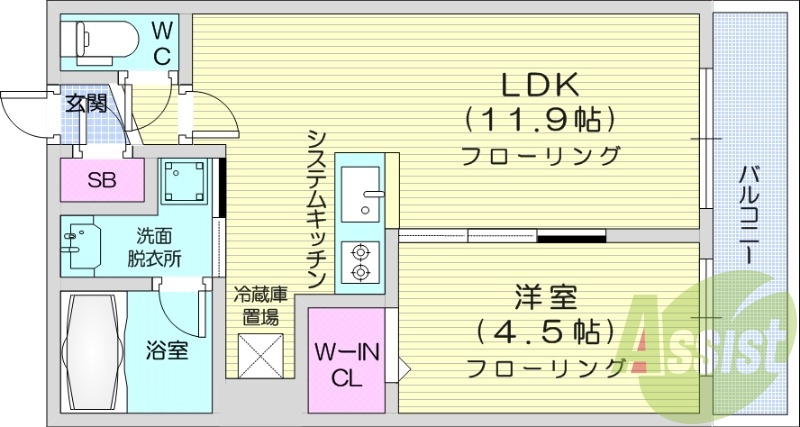 1LDK、都市ガス、エアコン、システムキッチン、ネット無料