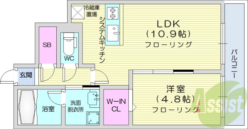 1LDK、都市ガス、エアコン、システムキッチン、ネット無料