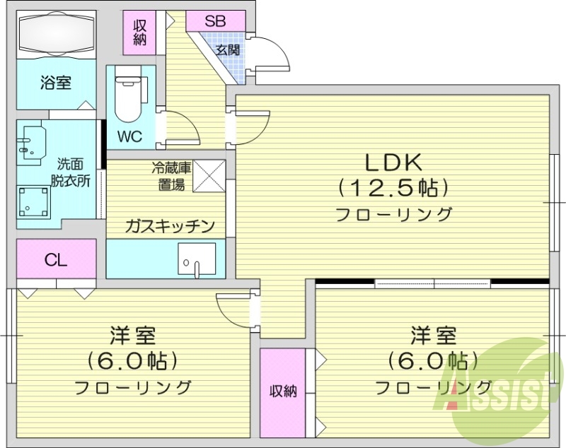 2LDK、灯油暖房、TVインターホン、洗面台