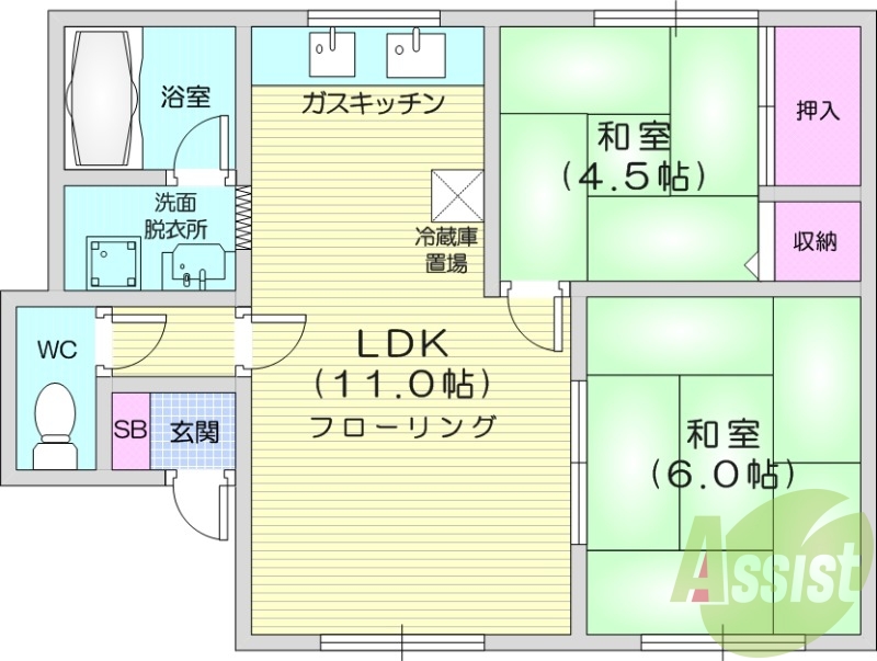 2LDK、独立洗面台、灯油暖房、風呂トイレ別