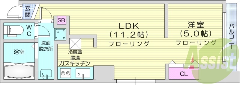 1LDK、オートロック、バストイレ別、インターホン