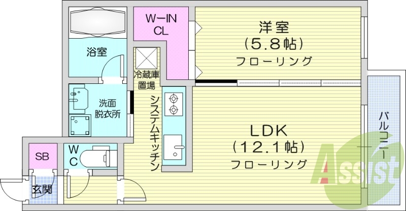 1LDK、システムキッチン、ウォークインクローゼット