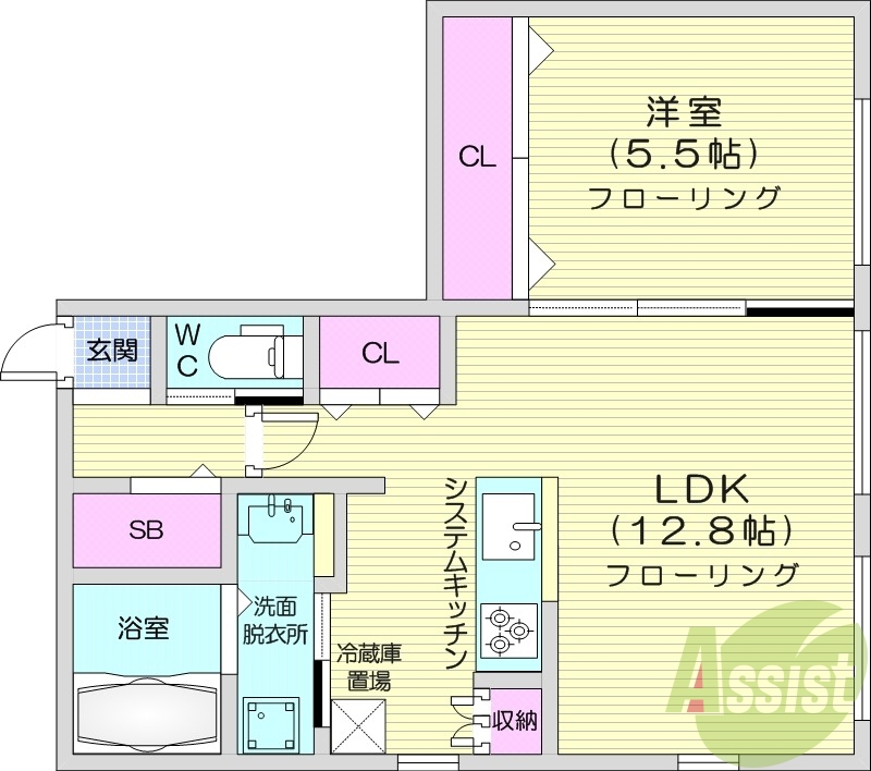 1LDK、エアコン、ネット無料、システムキッチン