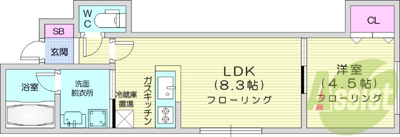 1DK、バストイレ別、TVモニターホン、シャンドレ