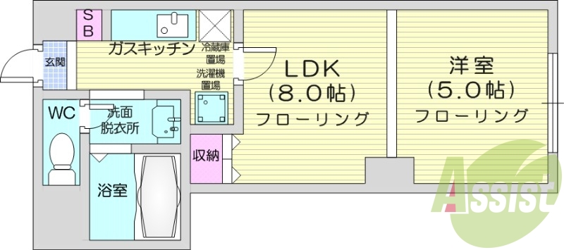 1LDK、オートロック、バストイレ別、独立洗面台