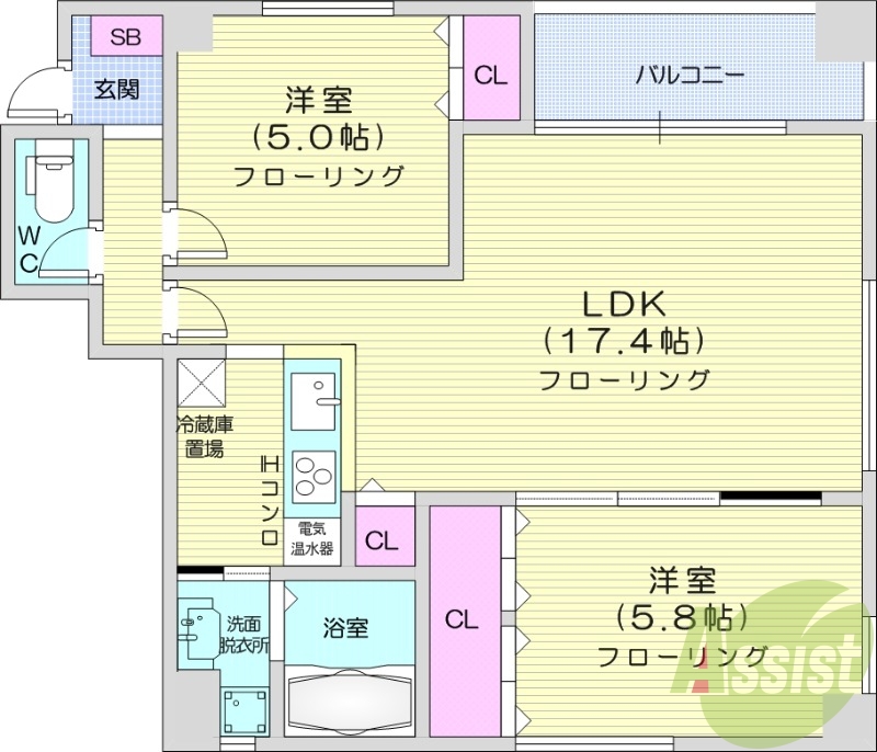2LDK、エレベーター、オール電化、オートロック