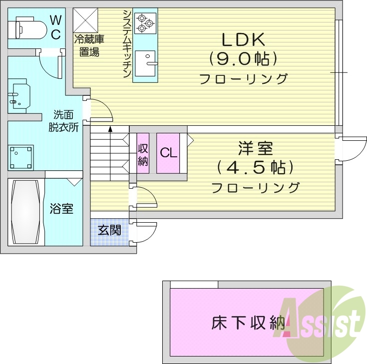 1LDK、床下収納、ペット相談可、エアコン