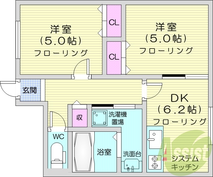 2DK、システムキッチン、モニタ付インターホン