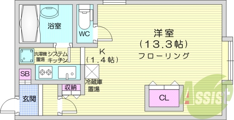 1K、システムキッチン、バストイレ別、オートロック