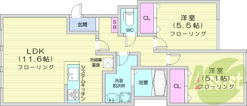 2LDK、独立洗面台、システムキッチン、灯油暖房