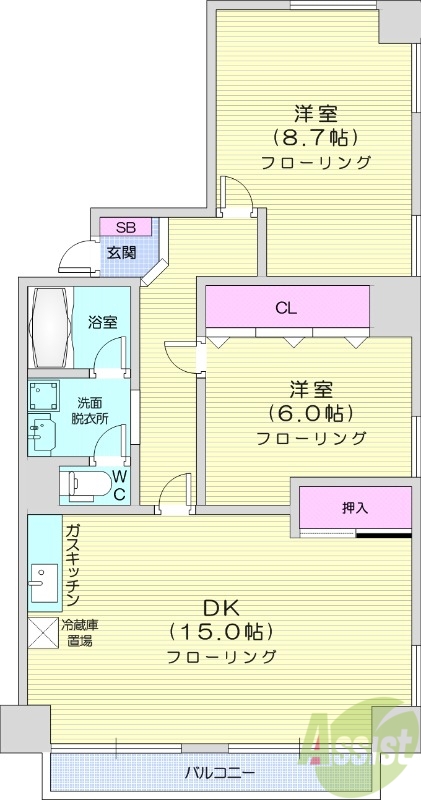 2LDK、分譲タイプ、都市ガス、バルコニー