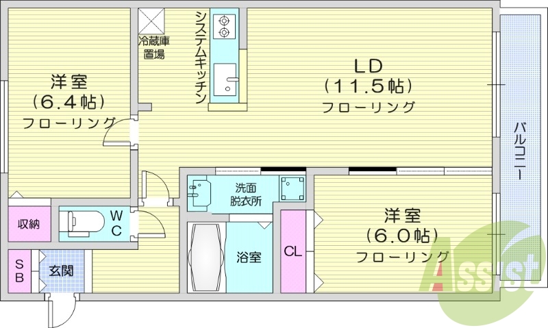 2LDK、バルコニー、都市ガス、システムキッチン