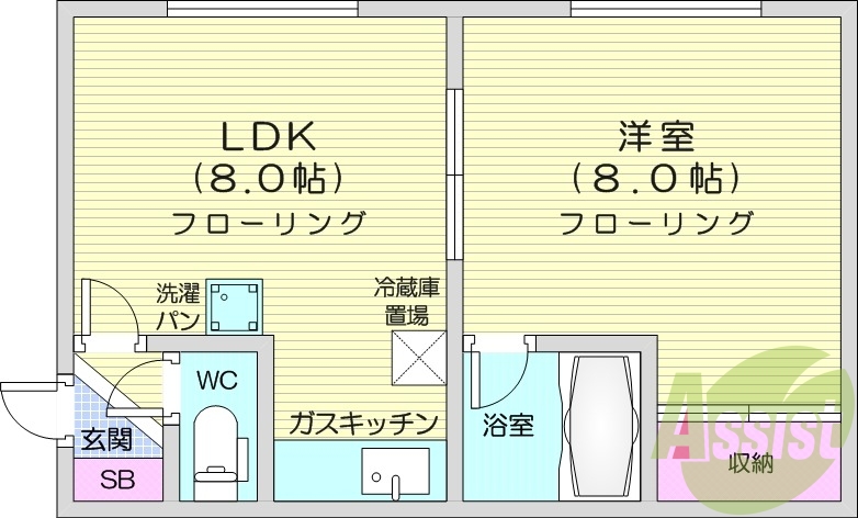1LDK、シャワートイレ、シューズボックス