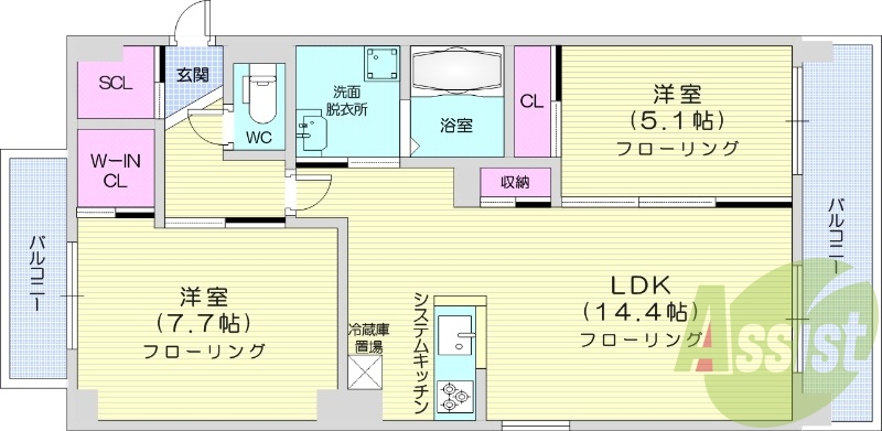2LDK、都市ガス、エアコン、浴室乾燥機、追い焚き