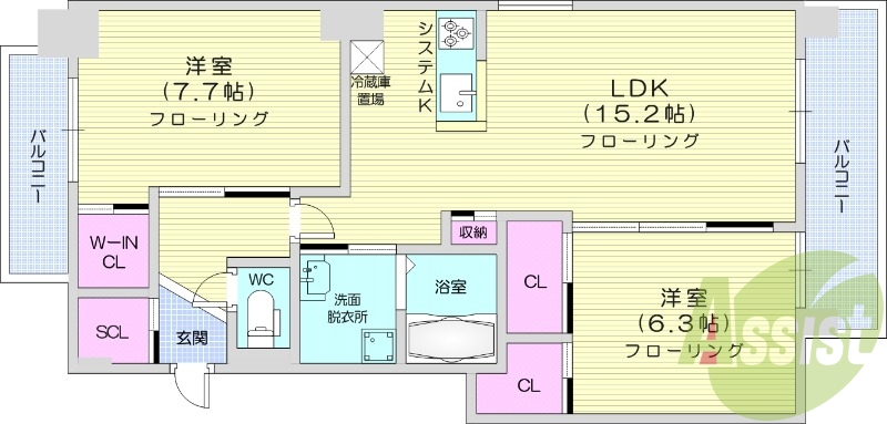 2LDK、都市ガス、エアコン、浴室乾燥機、追い焚き