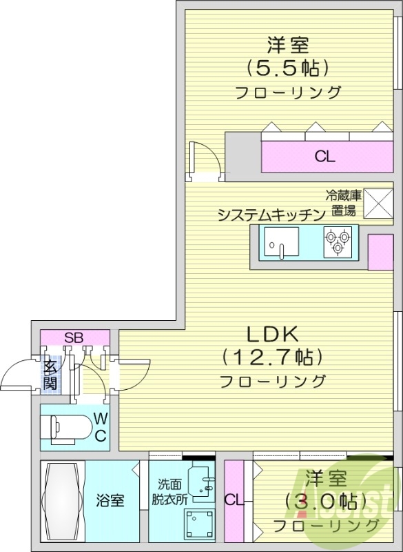 2LDK、エアコン、都市ガス、ペット可
