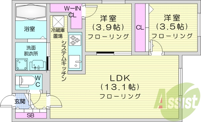 2LDK、エアコン、都市ガス、ペット可
