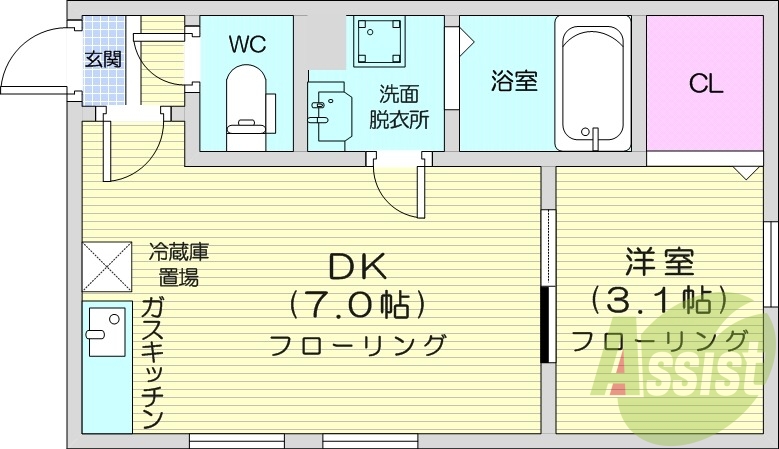 1DK、灯油暖房、エアコン、モニターホン、洗濯機置場