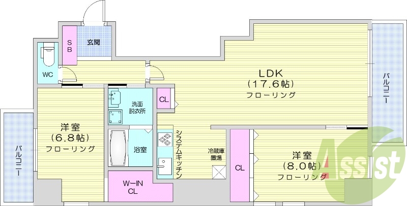 2LDK、都市ガス、エアコン、システムキッチン