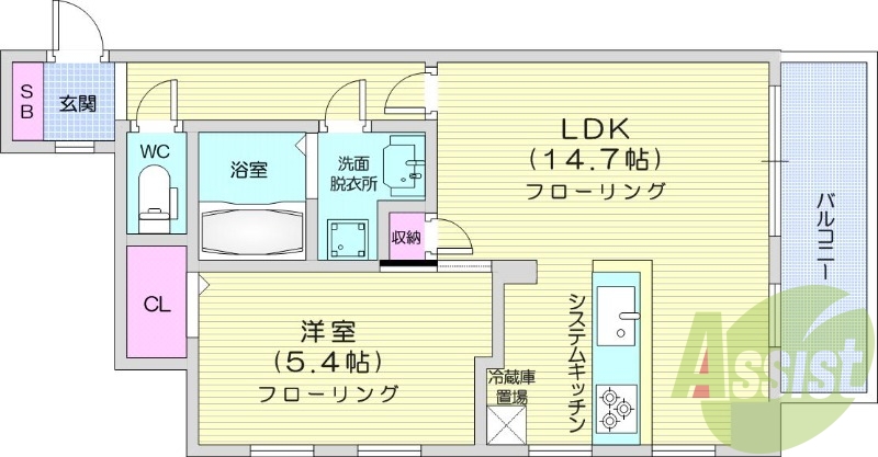 1LDK、都市ガス、エアコン、システムキッチン