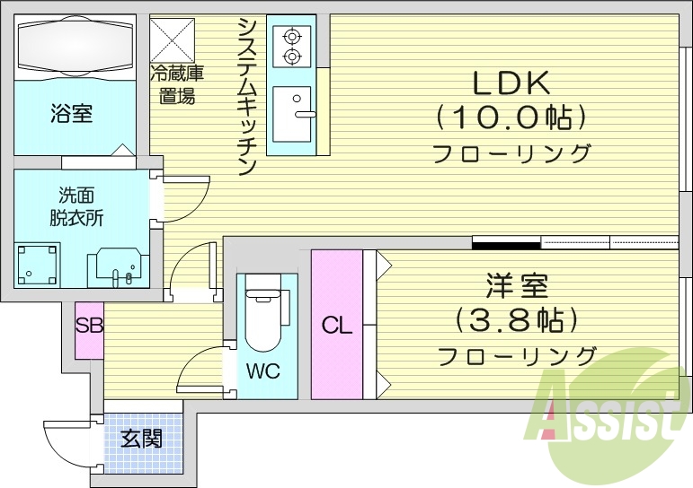 1LDK、エアコン、浴室乾燥機、システムキッチン