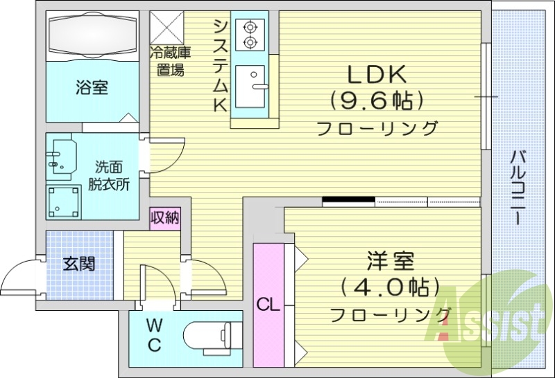 1LDK、エアコン、浴室乾燥機、システムキッチン