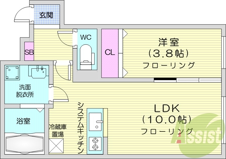 1LDK、エアコン、浴室乾燥機、システムキッチン