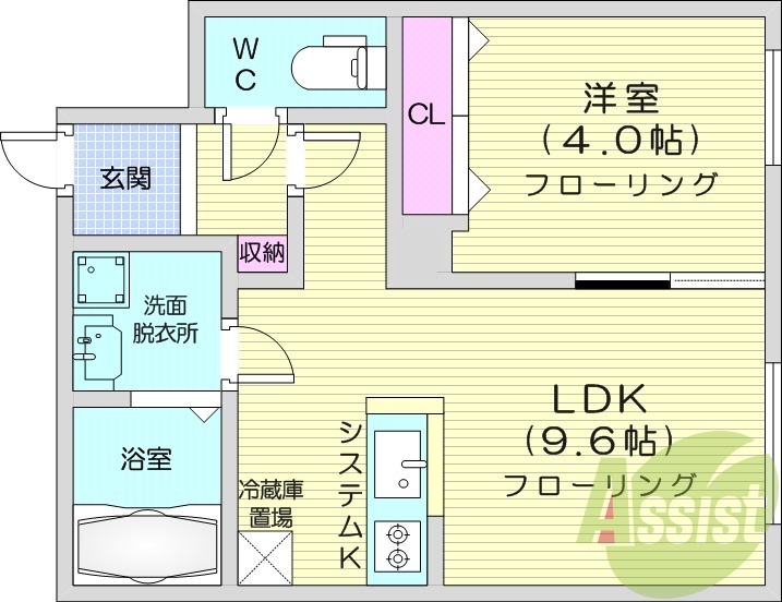 1LDK、エアコン、浴室乾燥機、システムキッチン